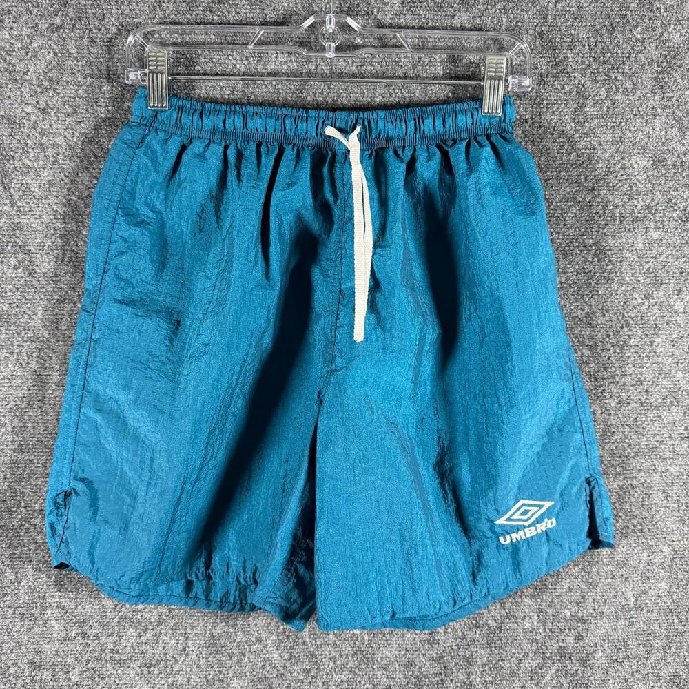 Vintage 90s Umbro Shorts Mens M Teal Blue Nylon Soccer Futbol 2608C Drawstring